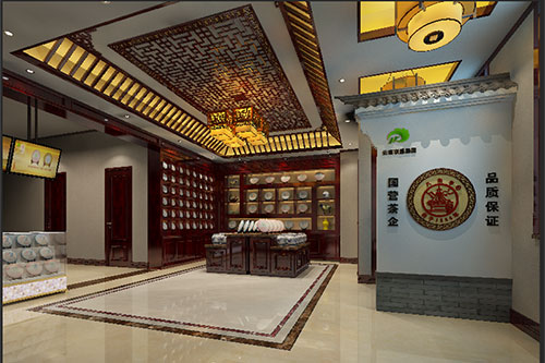 石门古朴典雅的中式茶叶店大堂设计效果图